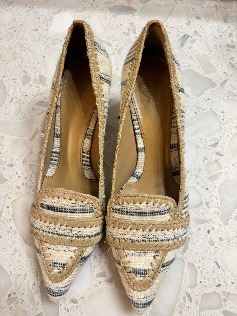 Tory Burch Beige Striped Raffia Pointed-Toe Flats - Picture 2 of 12